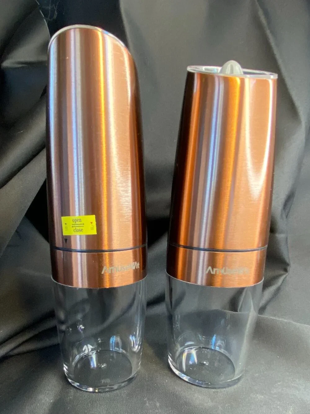 NIB AmuseWit Copper Finish Gravity Electric Salt & Pepper Grinder Set AW-PM03-2